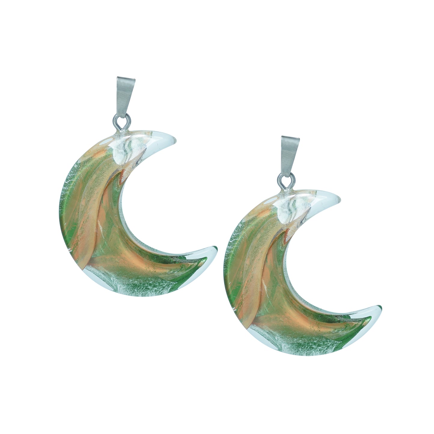 Crescent moon-shaped glass charms with green and golden swirl design and a silver loop-front view