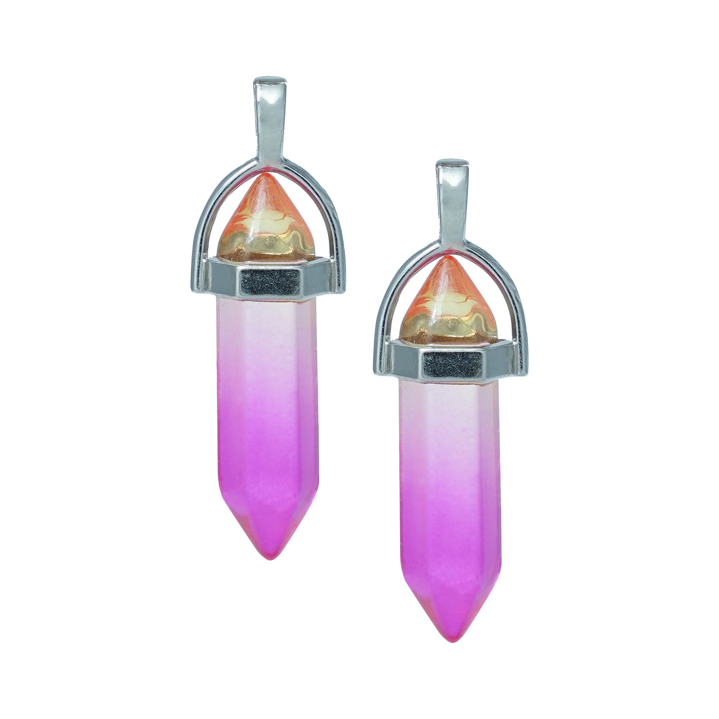 Pink crystal point charms with a silver cap-front view