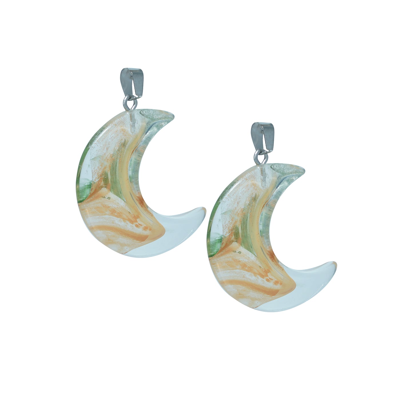 Crescent moon-shaped translucent glass charms with a green and gold swirl design and a silver loop-front view