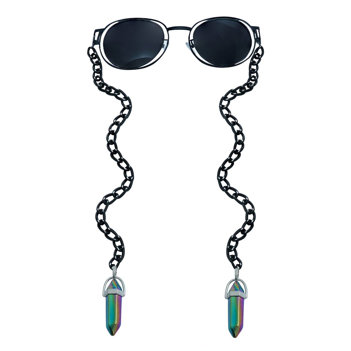 A pair of round, dark-lensed sunglasses with a silver frame is connected to a black chain, which holds a pendant shaped holographic vibrant rainbow crystal-front view