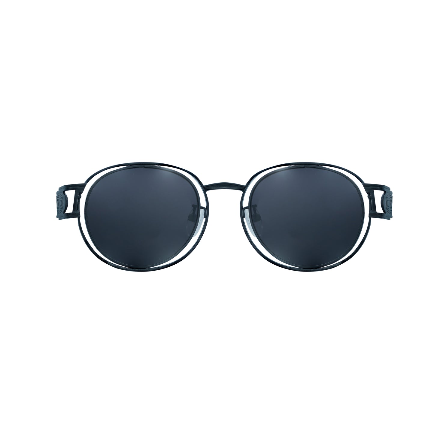 Round black sunglasses with dark-tinted lenses and a thin black frame-frame view