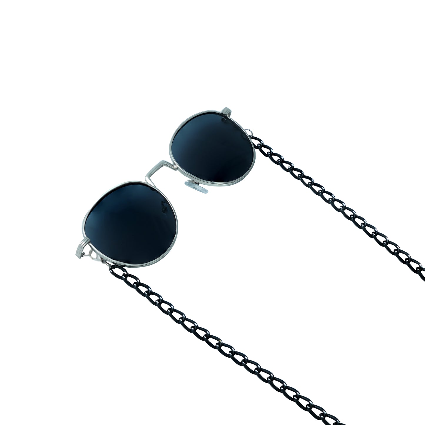 A pair of round, dark-lensed sunglasses with a silver frame is connected to a black chain, which holds a pendant shaped holographic vibrant rainbow crystal-frame view