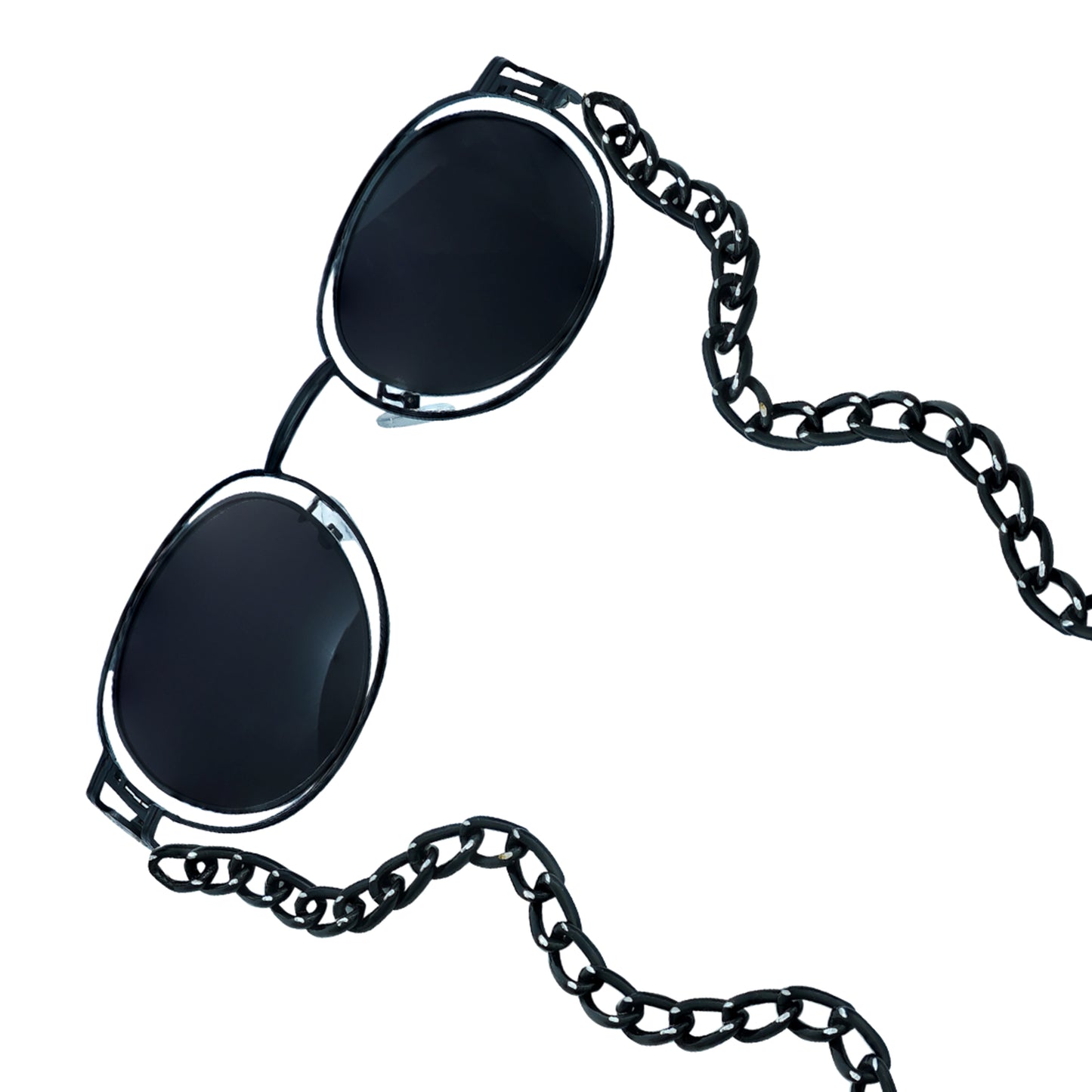 A pair of round, dark-lensed sunglasses with a silver frame is connected to a black chain, which holds a pendant shaped holographic vibrant rainbow crystal-frame view