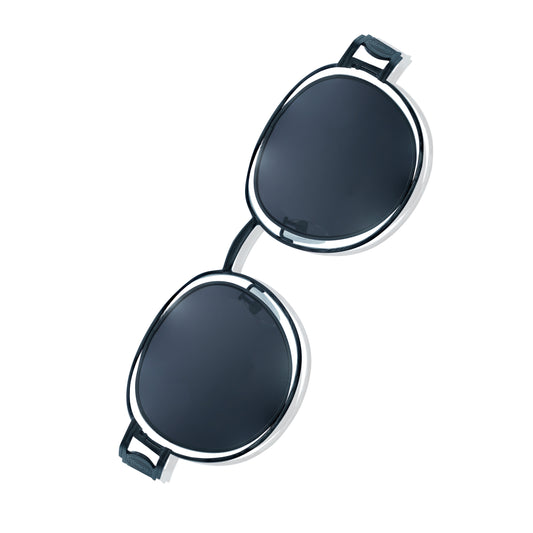 Round black sunglasses with dark-tinted lenses and a thin black frame-angle view