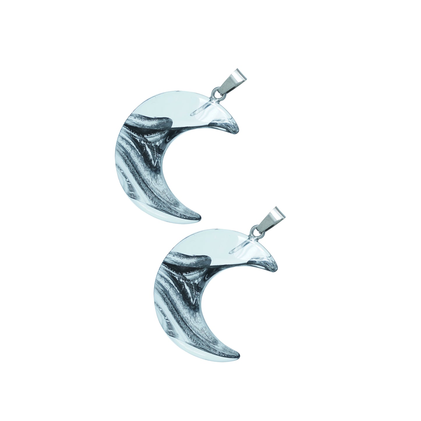 Crescent moon-shaped glass charms with silver swirl design and metal loop-front view