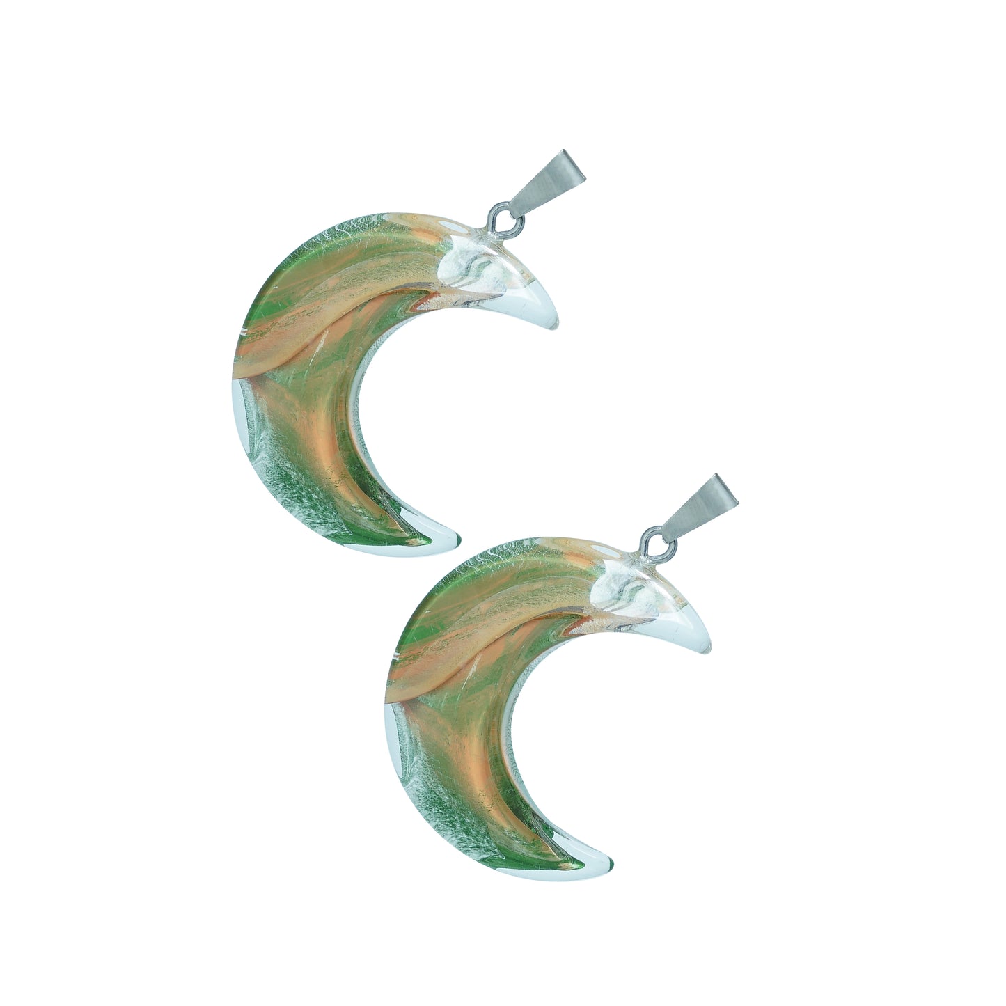 Crescent moon-shaped glass charms with green and golden swirl design and a silver loop-angle view