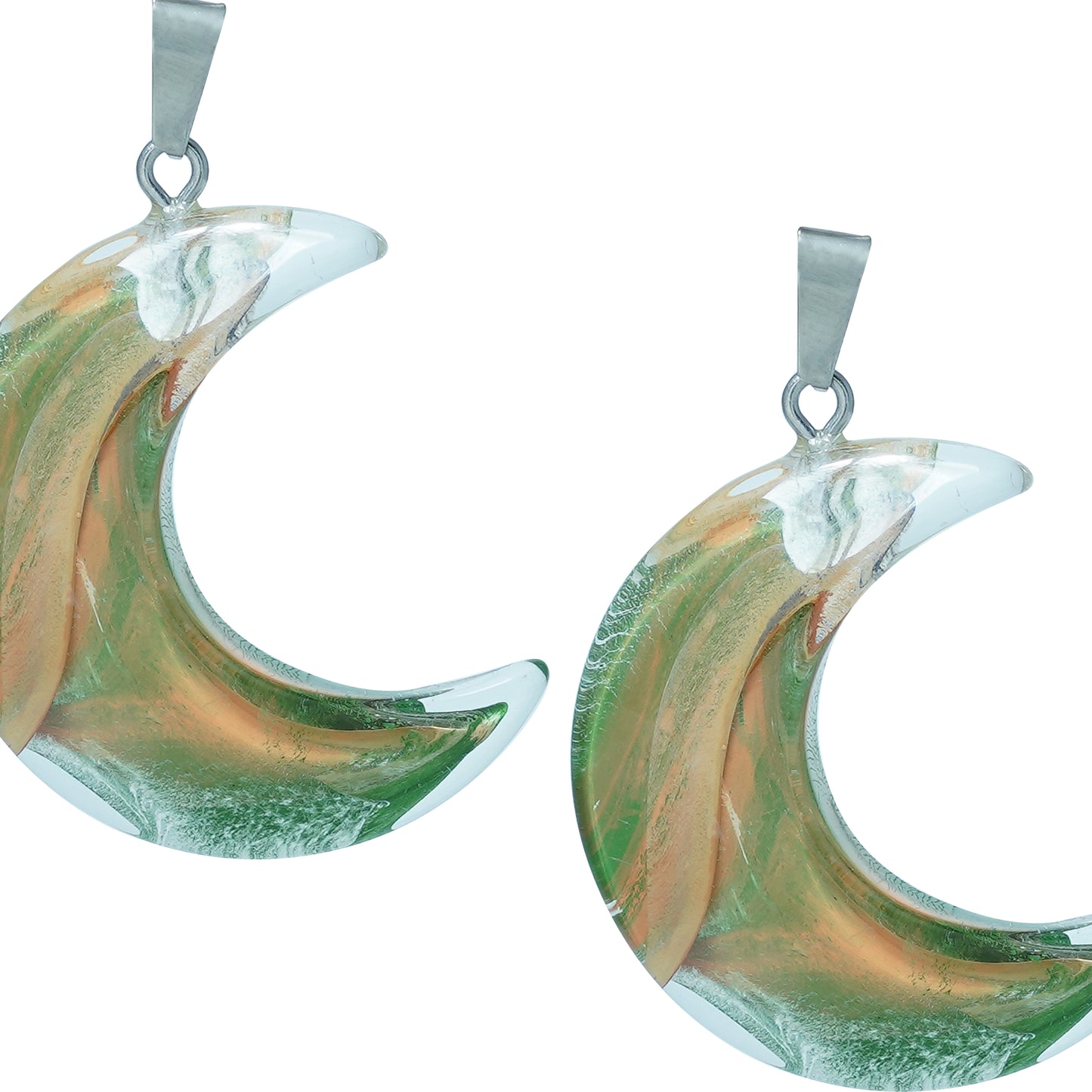 Crescent moon-shaped glass charms with green and golden swirl design and a silver loop-zoomed view