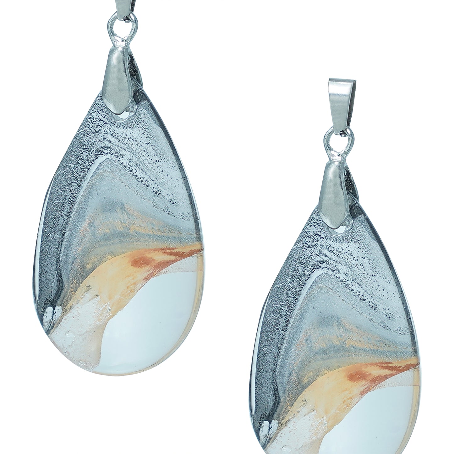 Teardrop-shaped glass pendants with a gold and crystal silver swirl design and silver hooks-zoomed view
