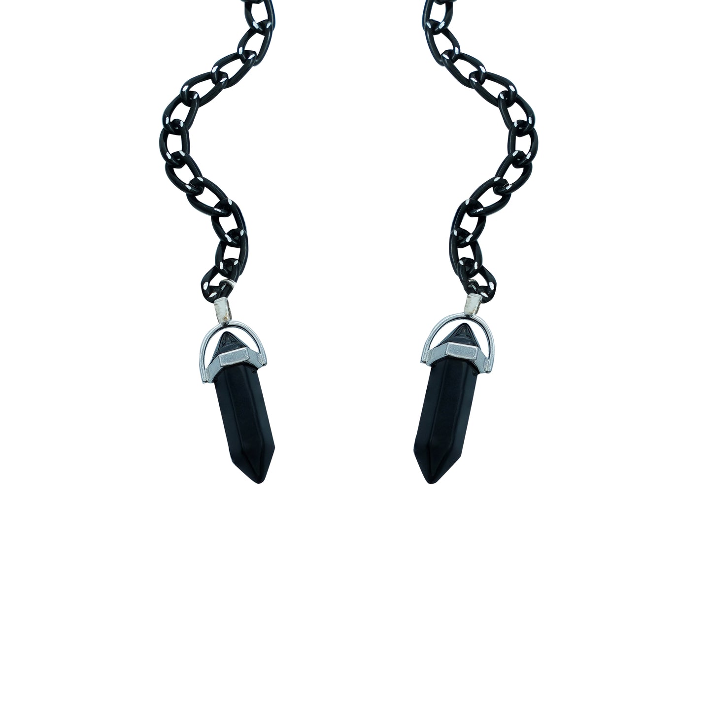 Oversized sqaure framed sunglasses with a white bold frame is connected to a black chain, which holds a pendant shaped black crystal-charm view