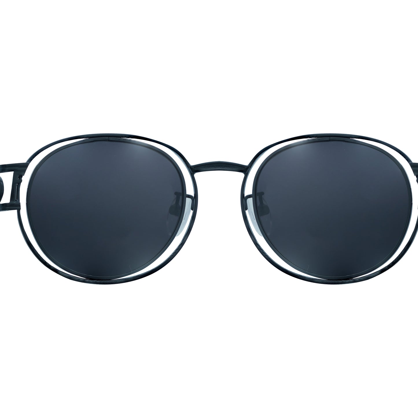 Round black sunglasses with dark-tinted lenses and a thin black frame-zoomed view