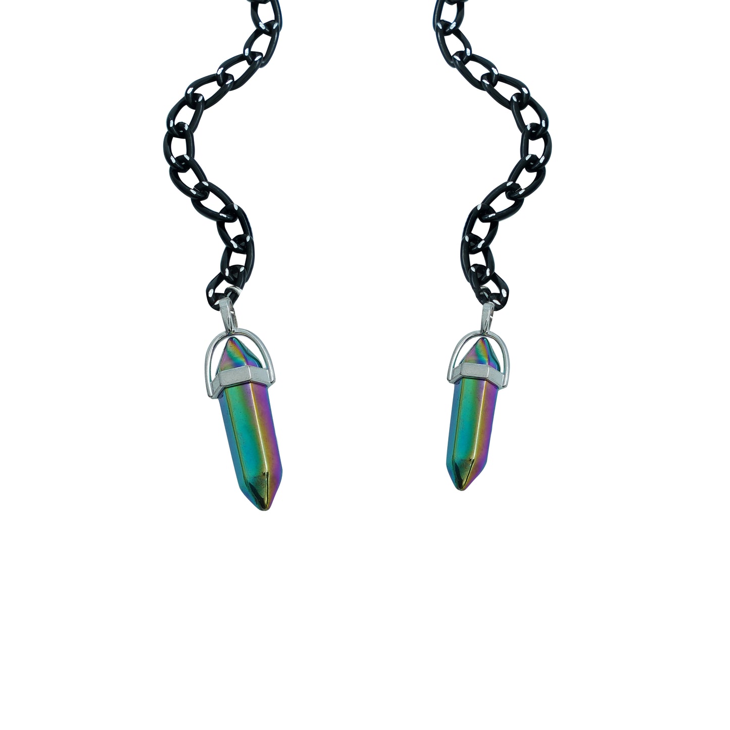 A pair of round, dark-lensed sunglasses with a silver frame is connected to a black chain, which holds a pendant shaped holographic vibrant rainbow crystal-charm view