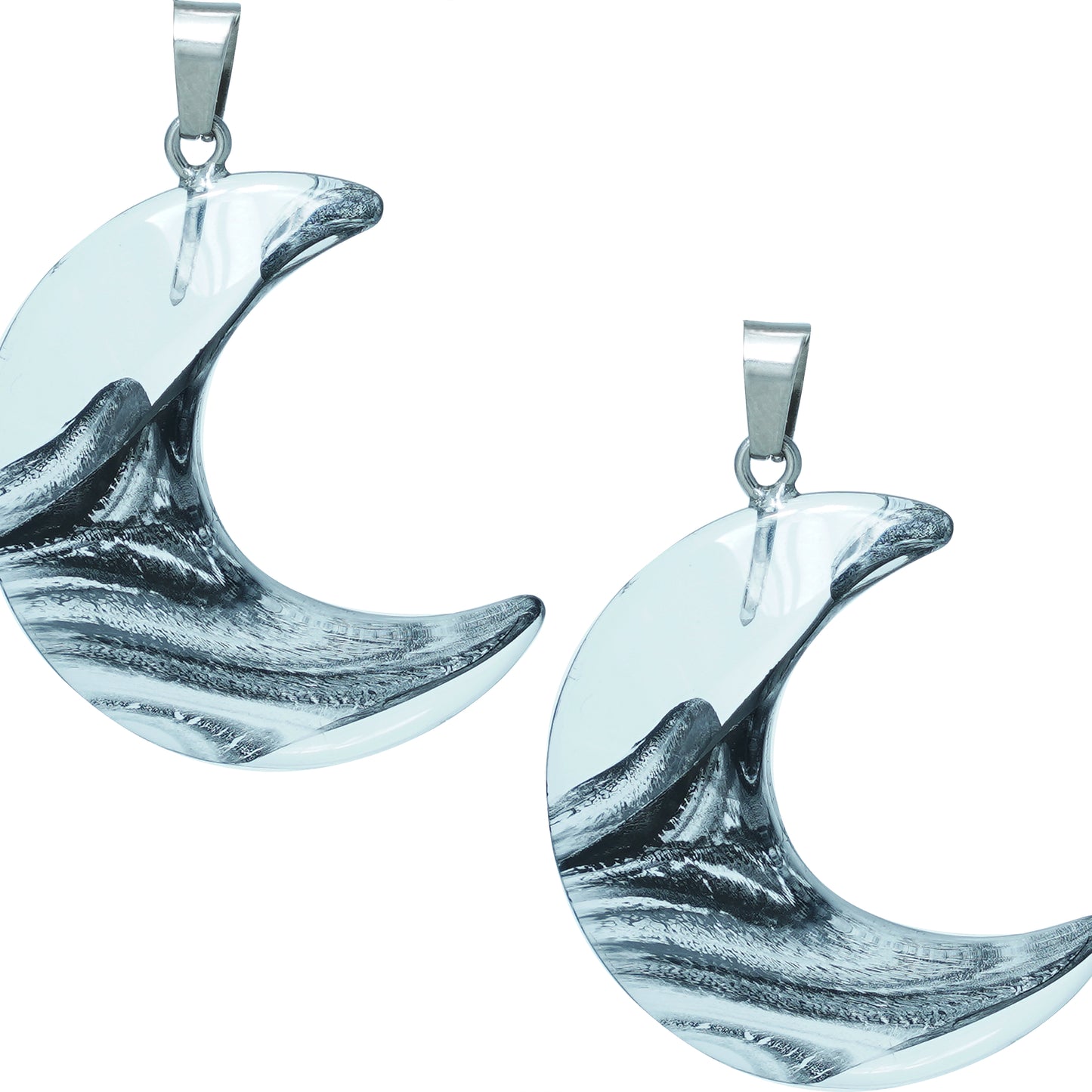 Crescent moon-shaped glass charms with silver swirl design and metal loop-zoomed view