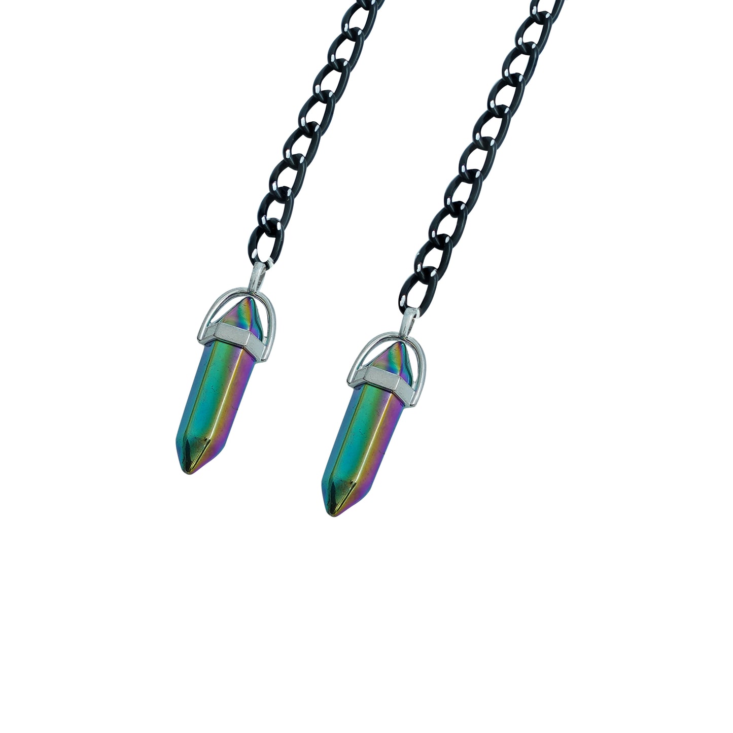 A pair of round, dark-lensed sunglasses with a silver frame is connected to a black chain, which holds a pendant shaped holographic vibrant rainbow crystal-charm view