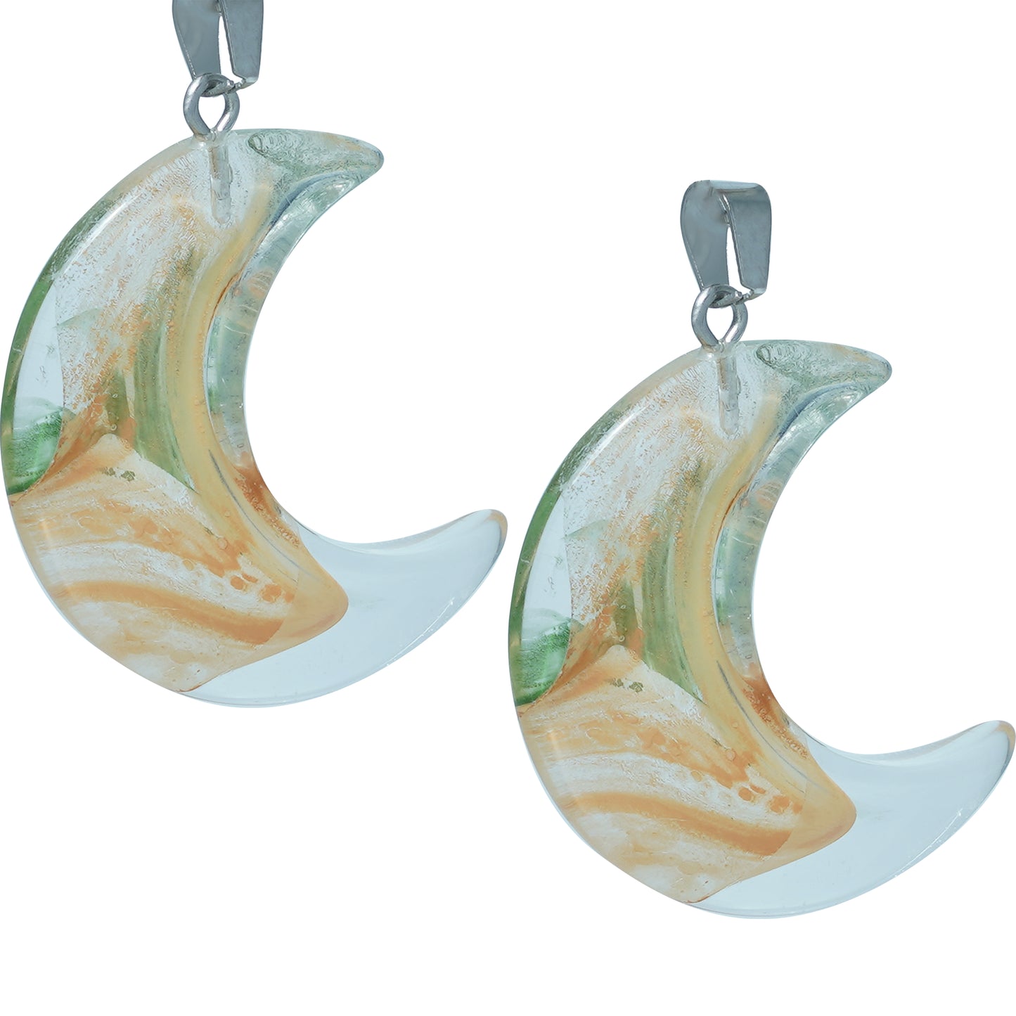 Crescent moon-shaped translucent glass charms with a green and gold swirl design and a silver loop-zoomed view