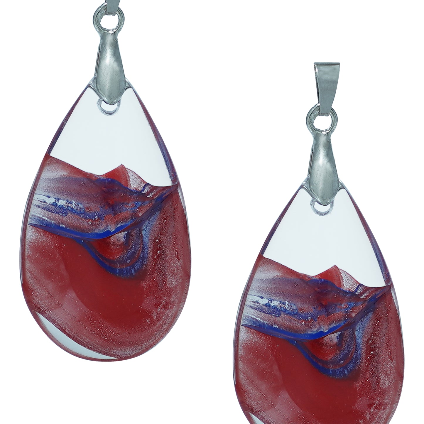 Teardrop-shaped glass pendants with a red and blue swirl design and silver hooks-zoomed view