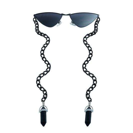 Vibrant cat-eye framed dark sunglasses with a black metal chain attached with a black charm with a silver finished metal holder-front view