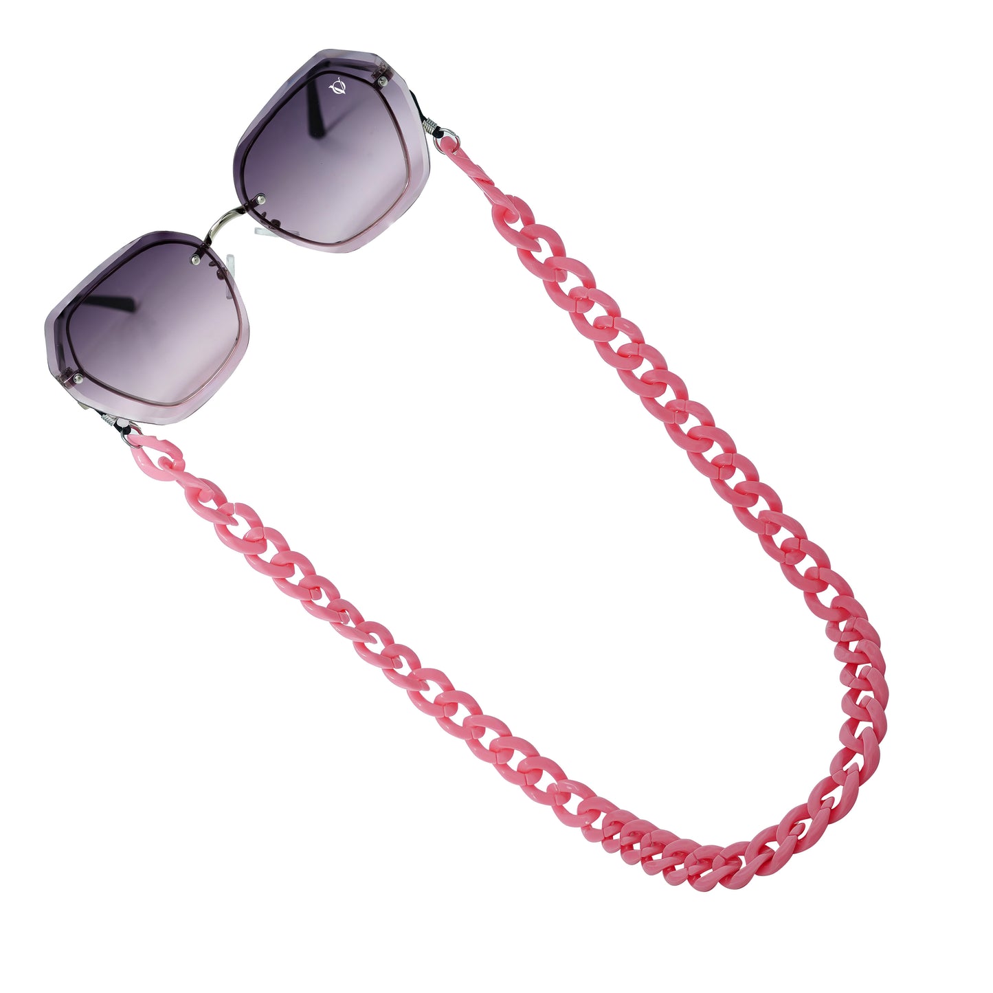 Sunglasses with purple gradient hexagonal frame lenses attached to a bold chunky pink chain-angle view