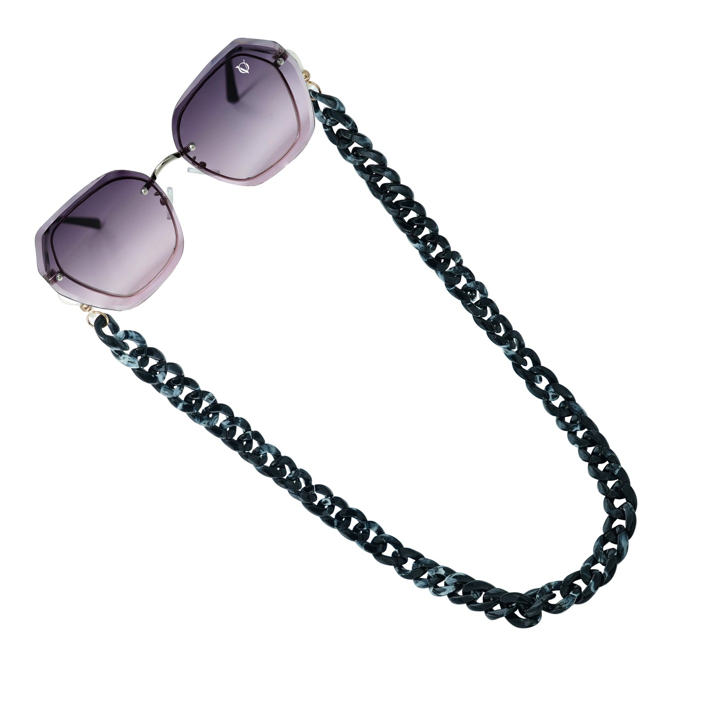 Sunglasses with purple gradient hexagonal frame lenses attached to a bold chunky black chain-angle view