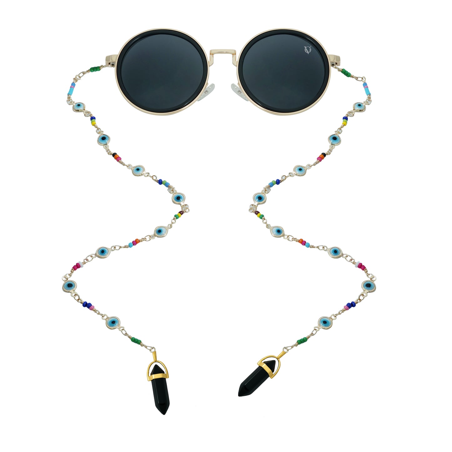 Large oversized dark-tinted golden polished lenses adorned with a multicolored bead chain attached with black charms finished with a gold metal holder-whole view