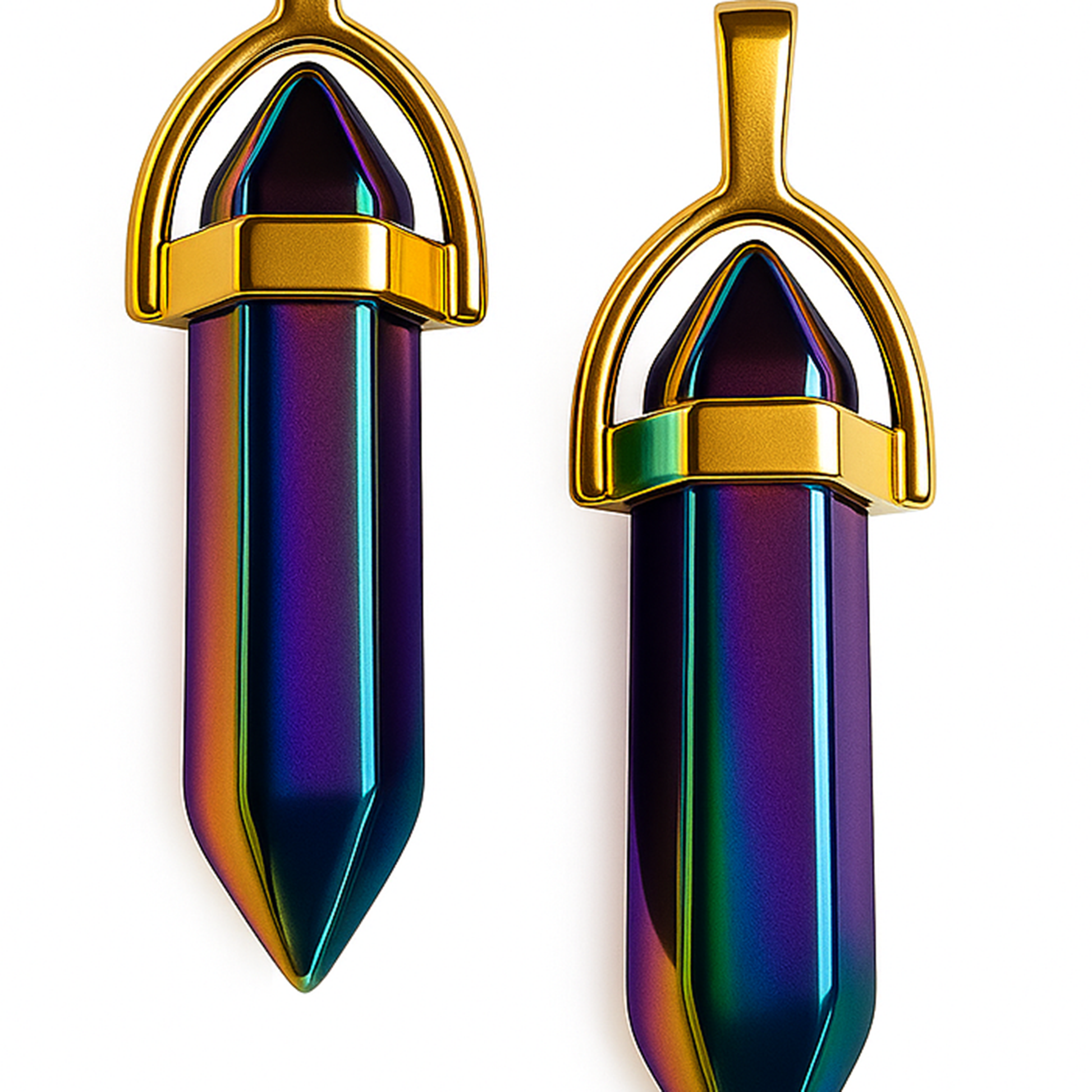 Holographic, vibrant rainbow pointed charms with golden caps-zoomed view