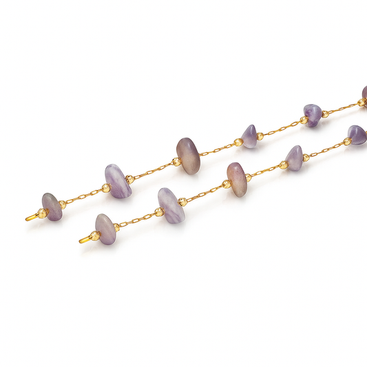 Gold chain with purple gemstone beads in a disc shape