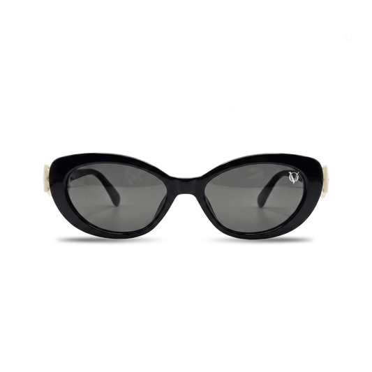 Black sunglasses with a white frame on a white background