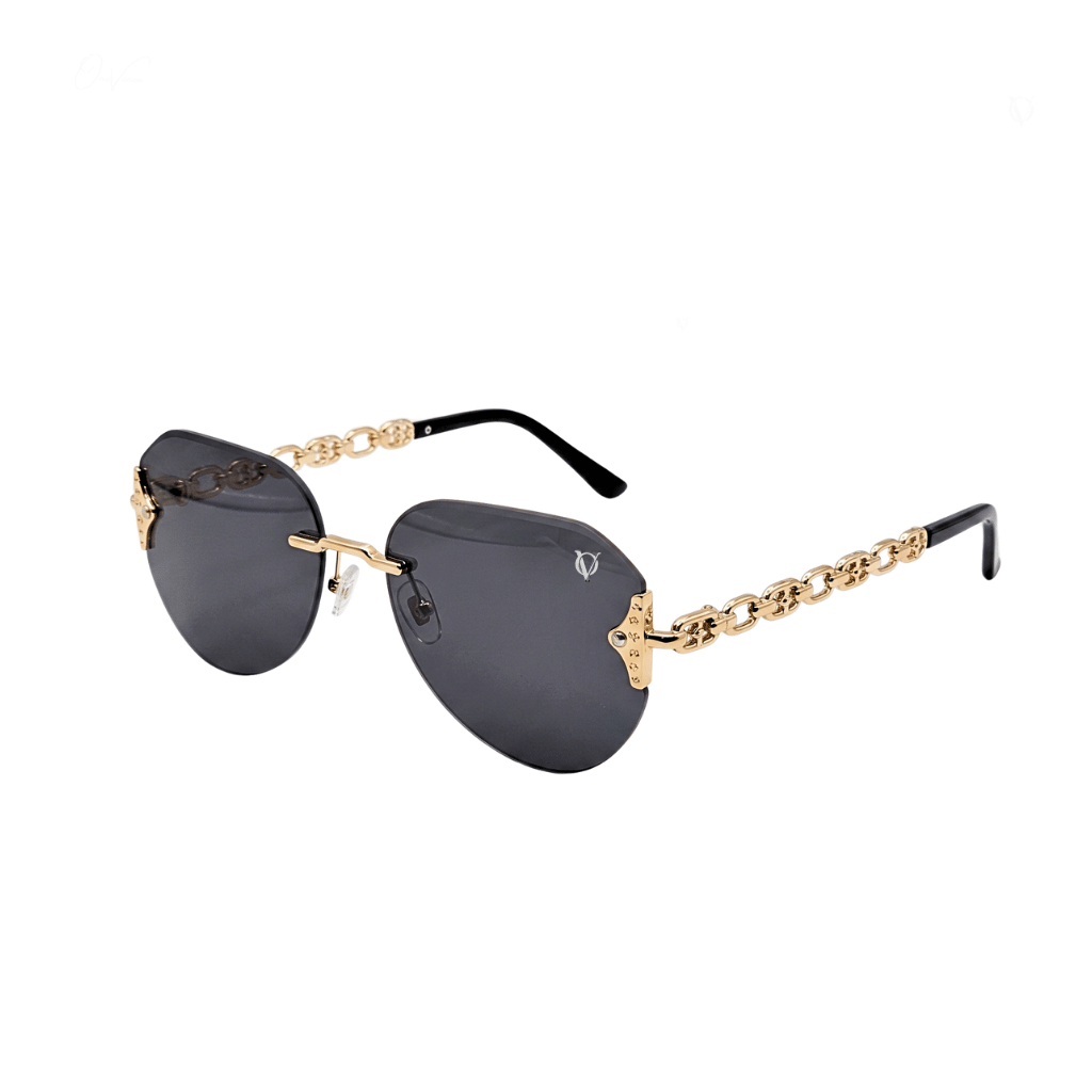 Sunglasses with gold chain design on a white background