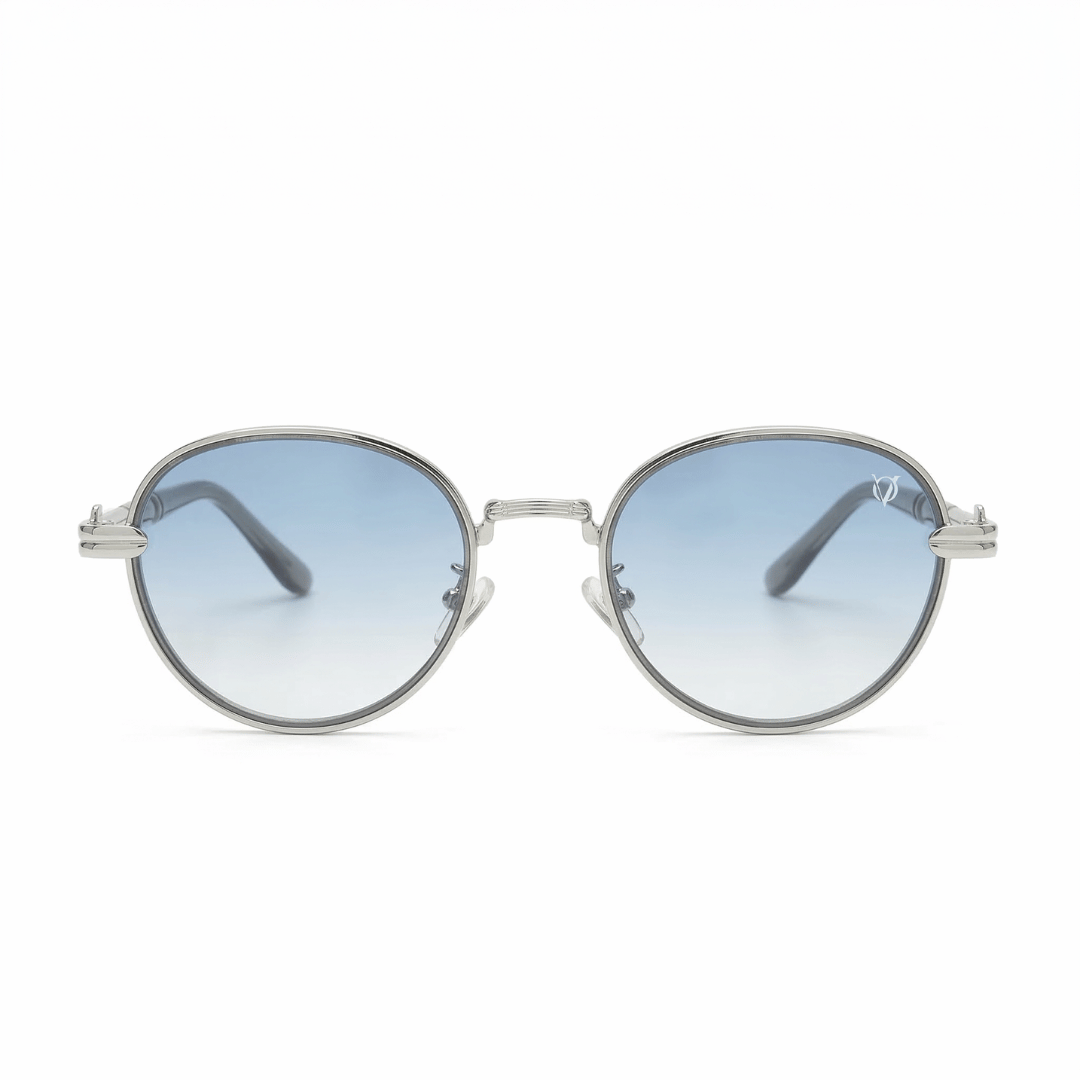Round sunglasses with blue gradient lenses on a white background