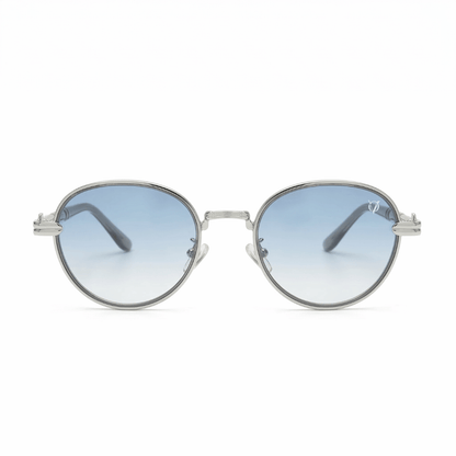 Round sunglasses with blue gradient lenses on a white background