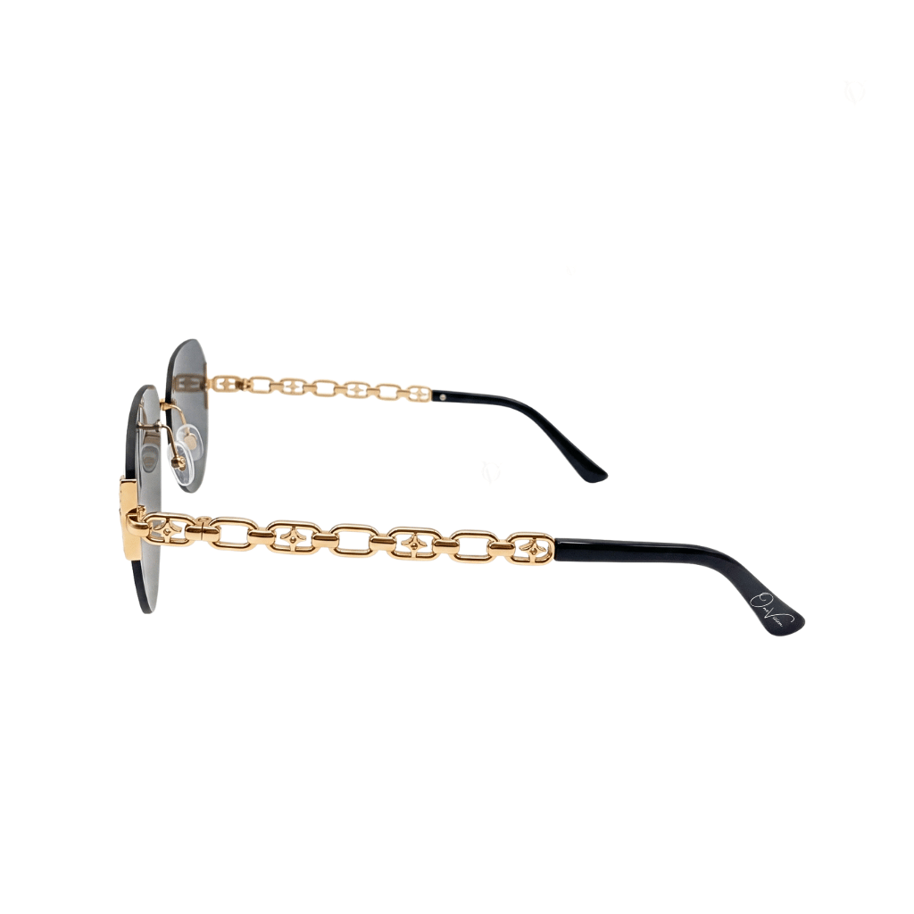 Sunglasses with gold chain design on a white background