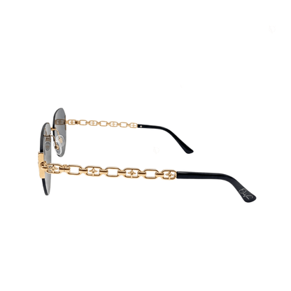 Sunglasses with gold chain design on a white background
