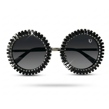 Sunglasses with black gear-like frame on a white background
