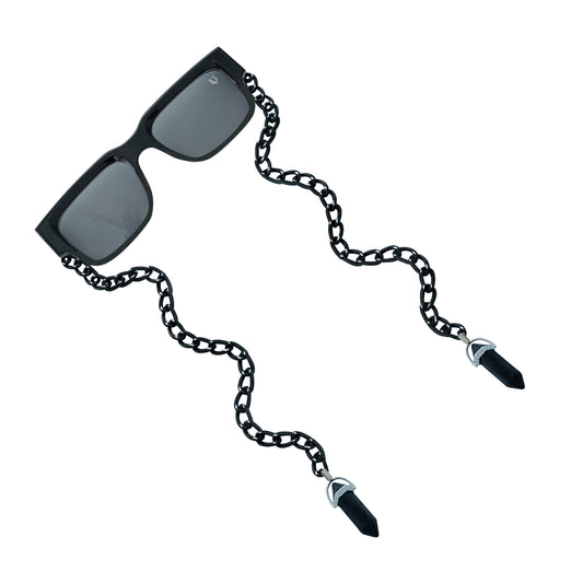 Black rectangular sunglasses with bold black chain and black crystal charms-angle view