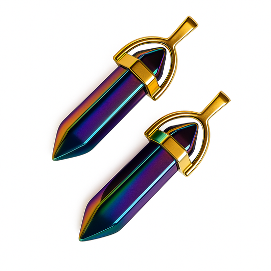 Holographic, vibrant rainbow pointed charms with golden caps-angle view