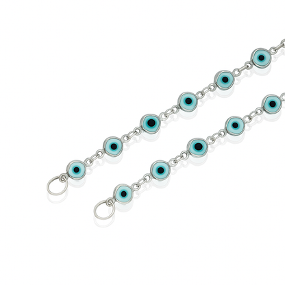 Silver chain with blue evil eye charms and silver small rings