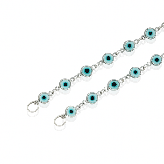 Silver chain with blue evil eye charms and silver small rings