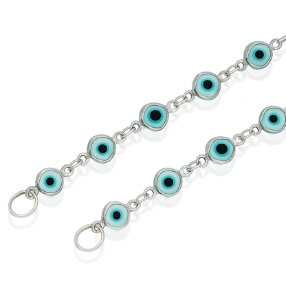 Silver chain with blue evil eye charms and silver small rings-zoomed view