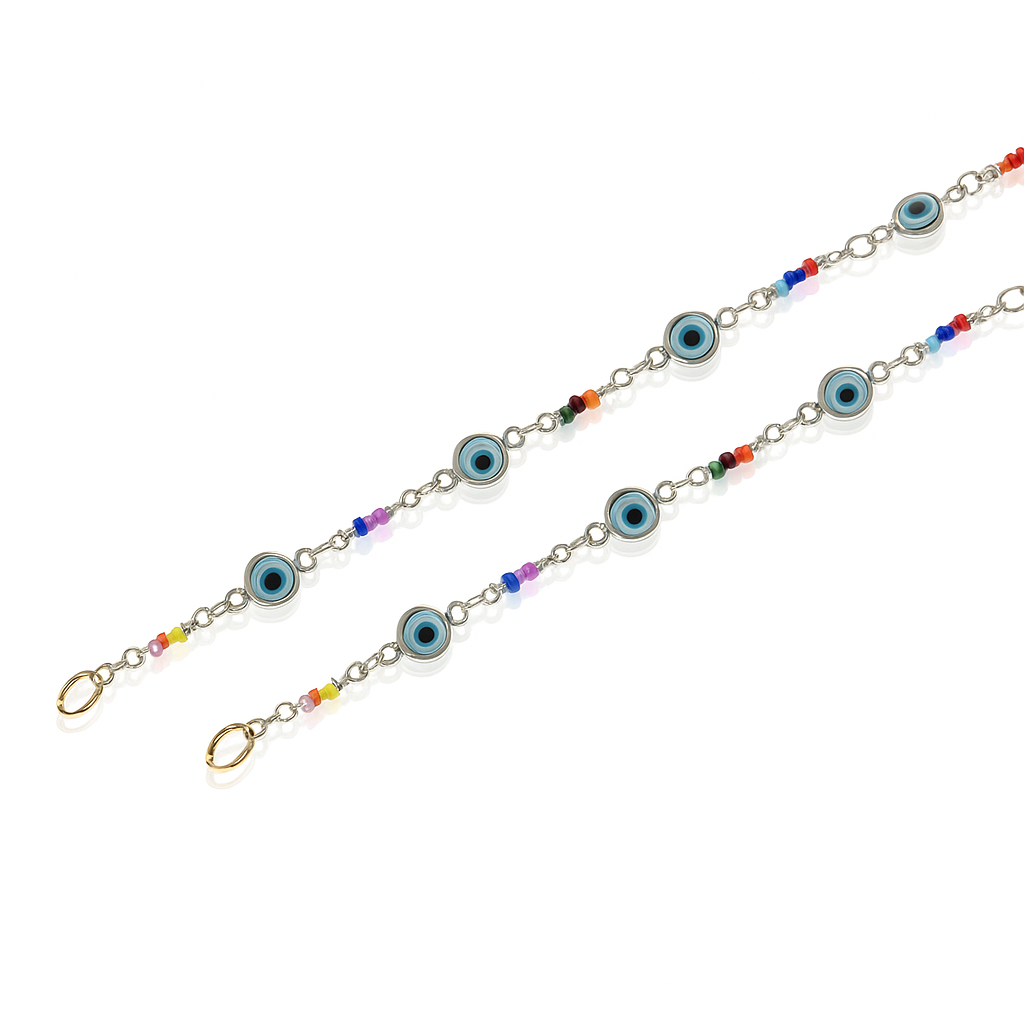 Silver chain with blue evil eye charms and colorful beads for stylish protection jewelry
