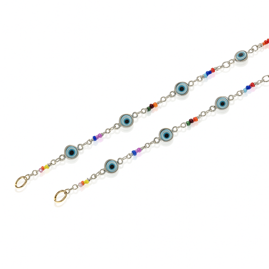 Silver chain with blue evil eye charms and colorful beads for stylish protection jewelry