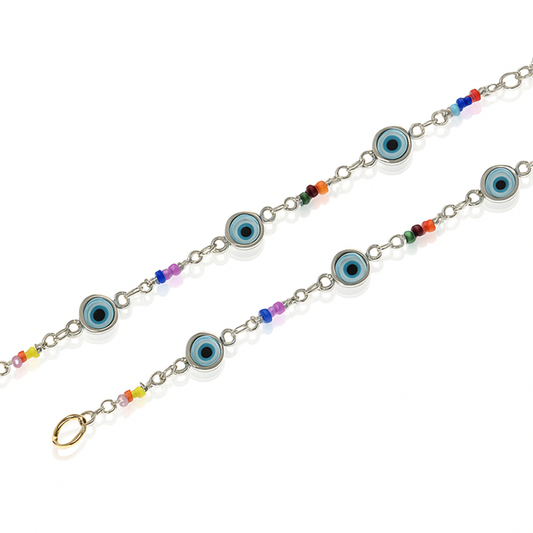 Silver chain with blue evil eye charms and colorful beads for stylish protection jewelry-zoomed view