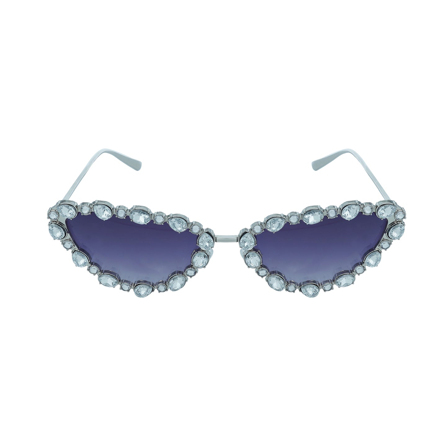 Cat-eye sunglasses with dark purple lenses and a rhinestone-embellished frame-whole view