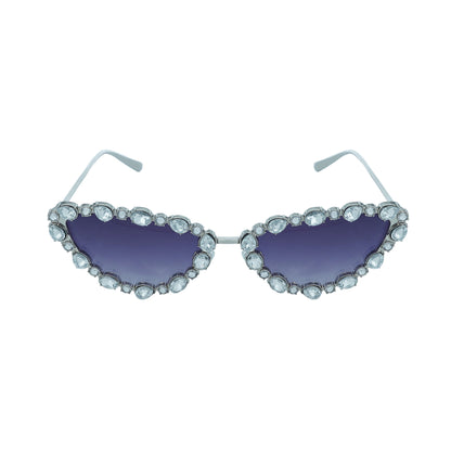 Cat-eye sunglasses with dark purple lenses and a rhinestone-embellished frame-whole view