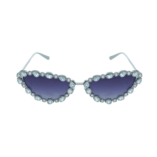Cat-eye sunglasses with dark purple lenses and a rhinestone-embellished frame-whole view