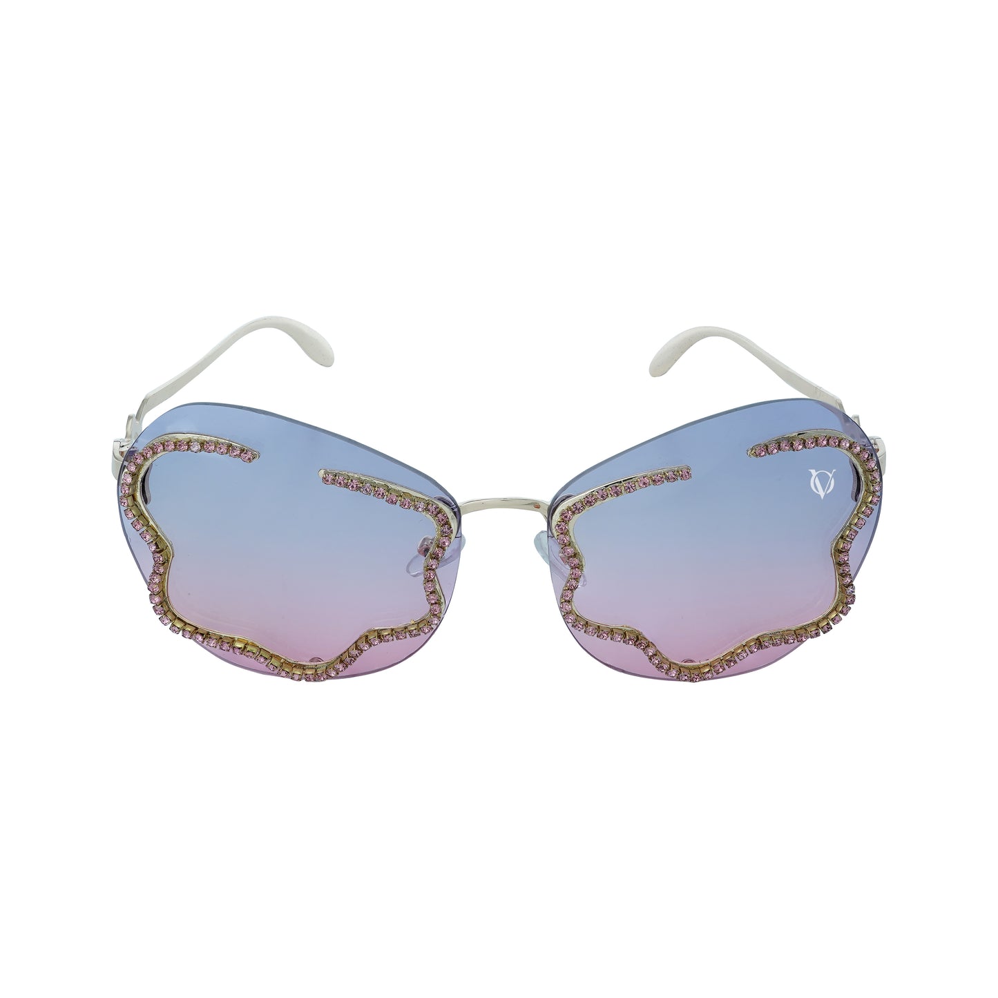 stylish heart-shaped sunglasses with purple-pink gradient lenses and a decorative golden frame-front view