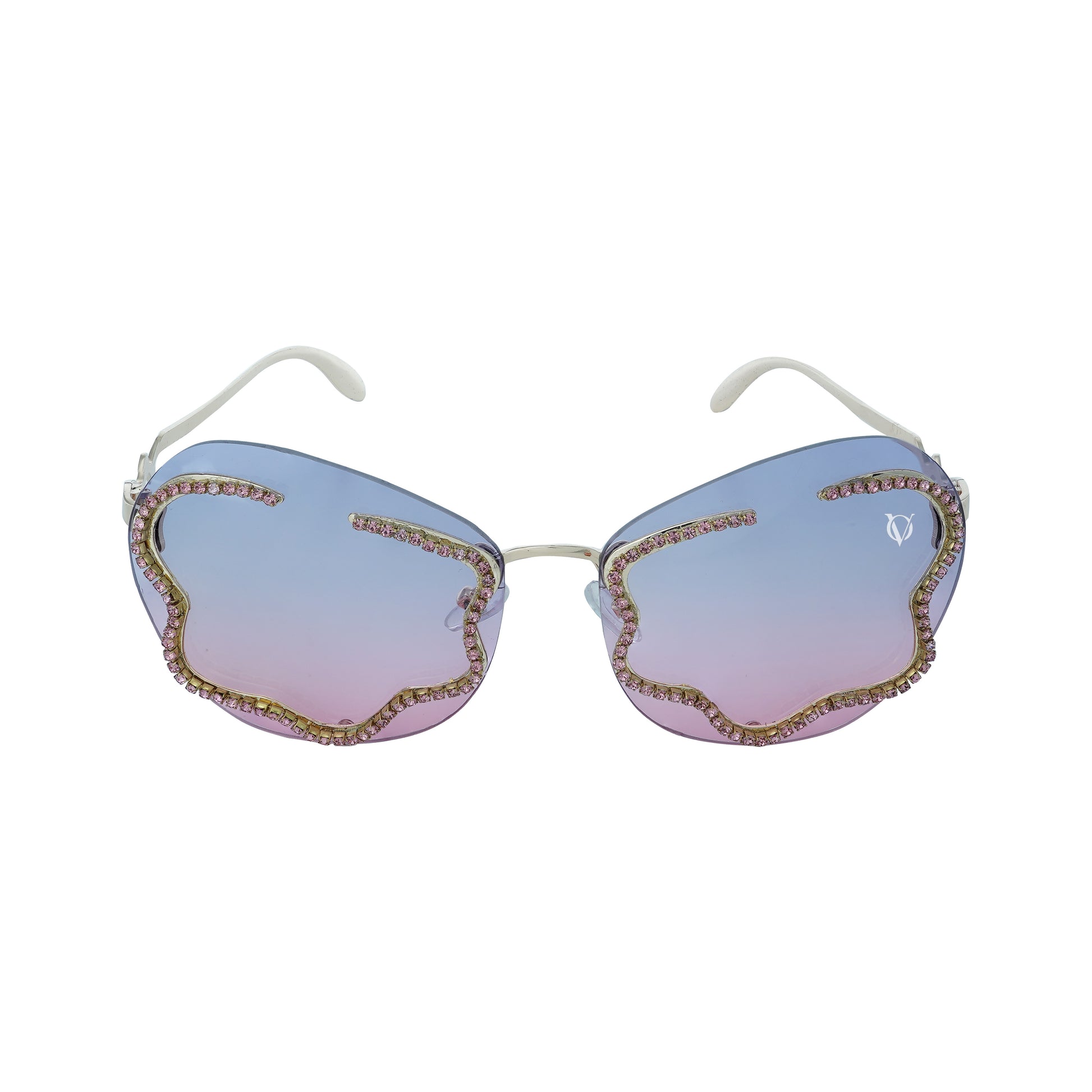 stylish heart-shaped sunglasses with purple-pink gradient lenses and a decorative golden frame-front view