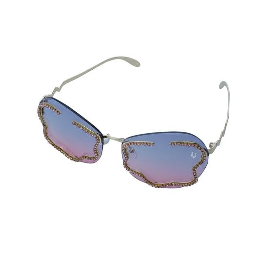 stylish heart-shaped sunglasses with purple-pink gradient lenses and a decorative golden frame-sunglass view