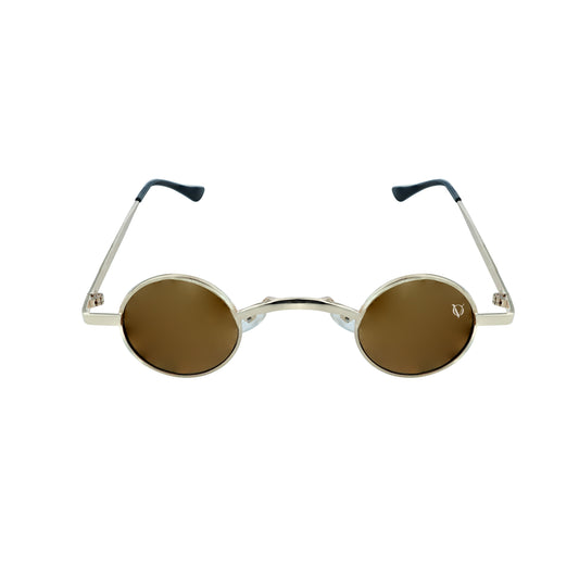 Round sunglasses with golden metallic frame and brown tinted lenses- whole view