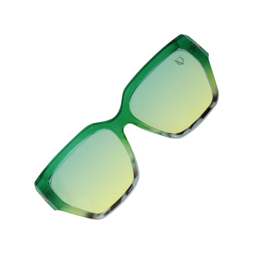 Oversized sunglasses with green-yellow gradient lenses and a glossy green frame-angle view