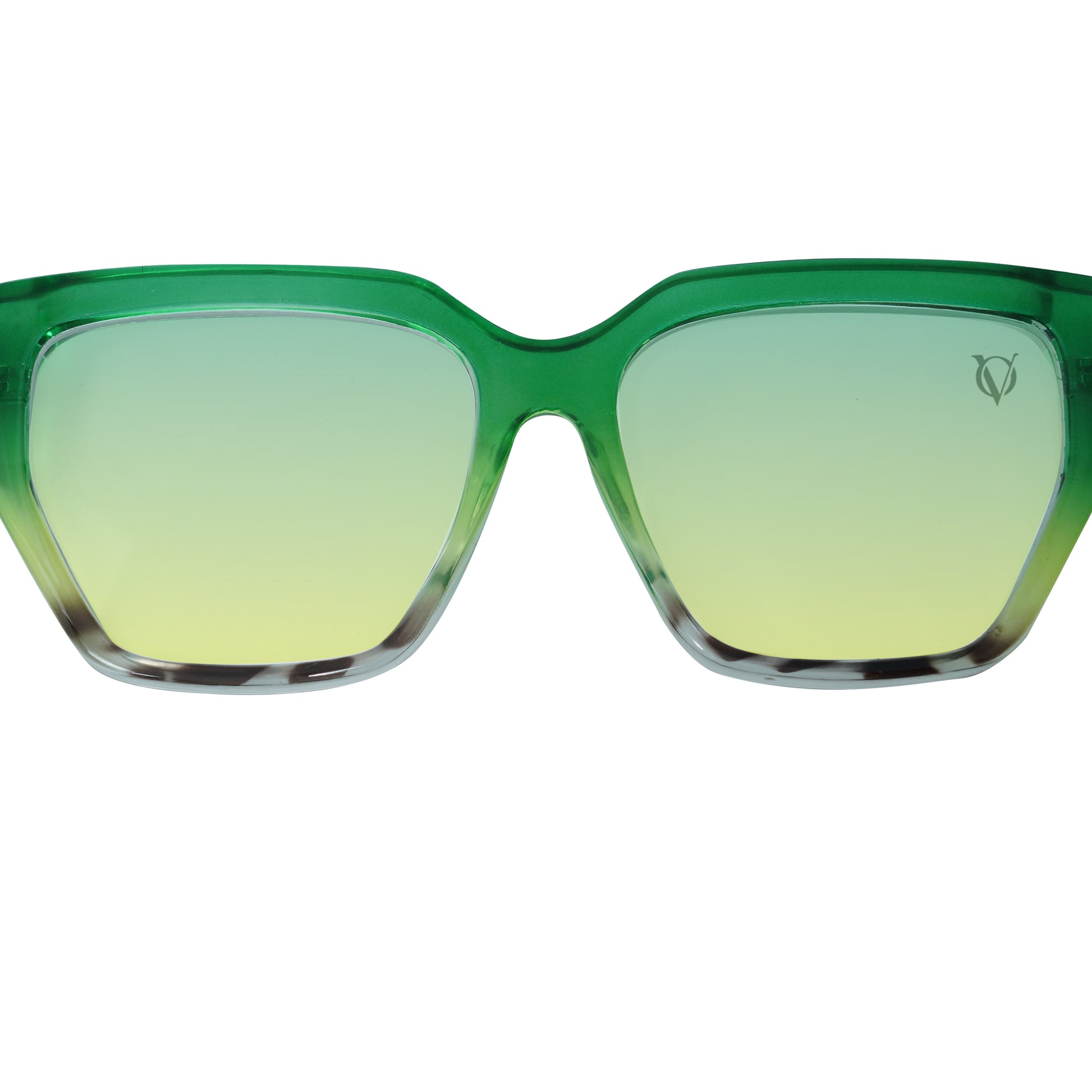 Oversized sunglasses with green-yellow gradient lenses and a glossy green frame-zoomed view