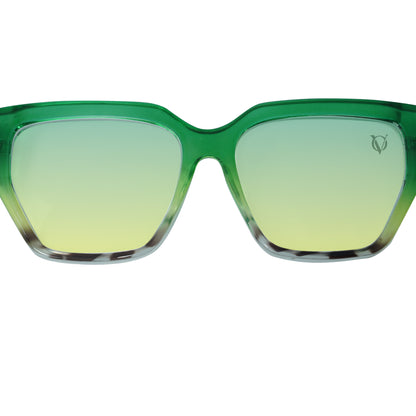Oversized sunglasses with green-yellow gradient lenses and a glossy green frame-zoomed view